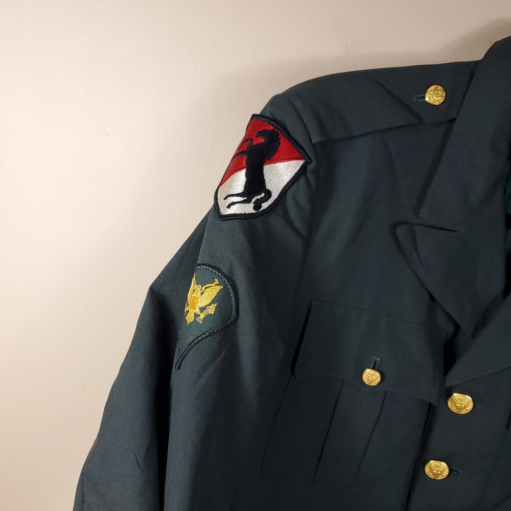 Vintage Army Green Service Coat Blazer Gold Tone Hardware Wool Blend 38R - Picture 5 of 12